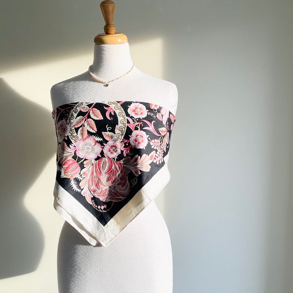 Black Floral Silk Bandana Scarf with Cream Border